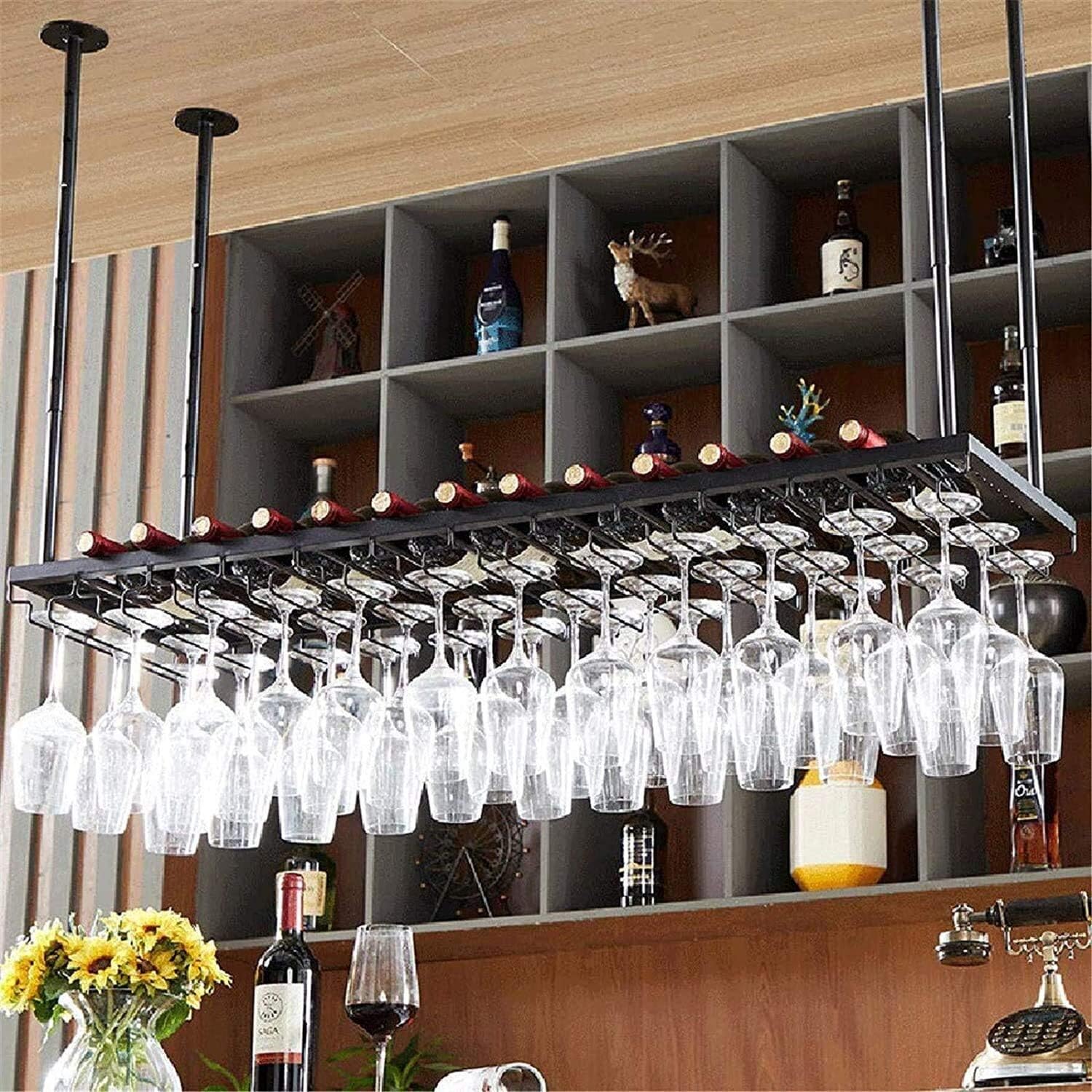Ceiling Hanging Wine Rack with Adjustable Glass Holder Shelf