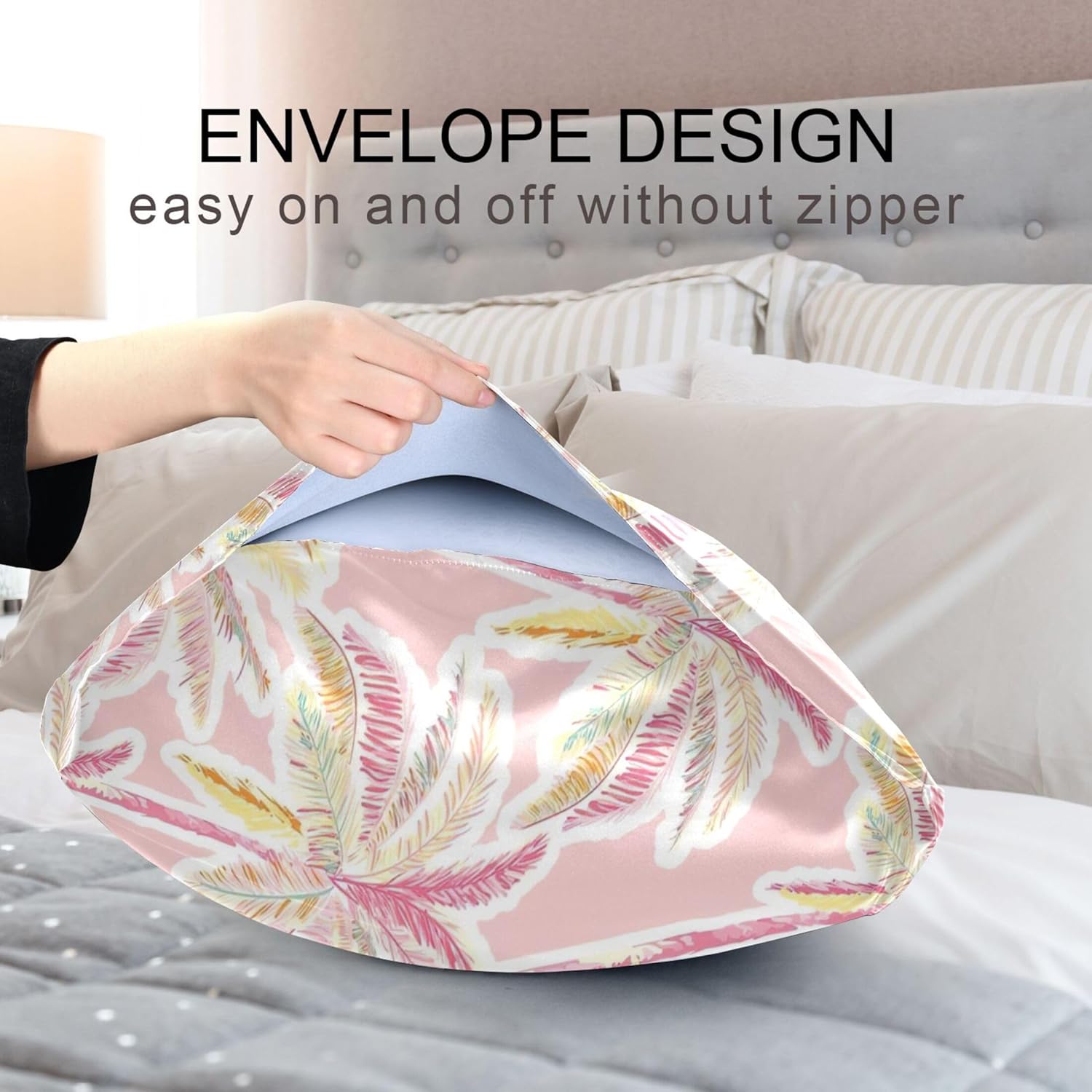 Tropical Palm Pink Leaf Satin Pillow Case