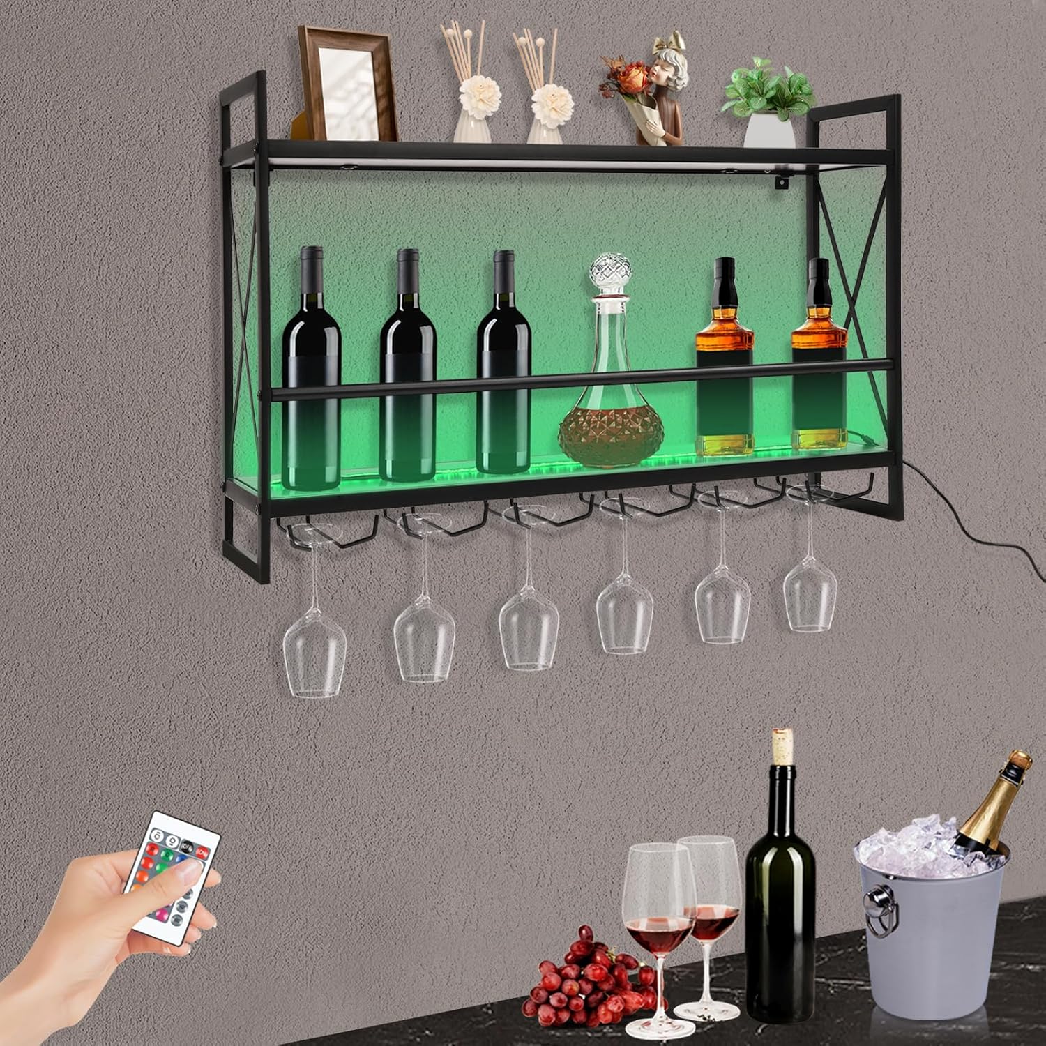 WUSILILU 2Tiers LED Wine Rack Wall Mount with Remote Control