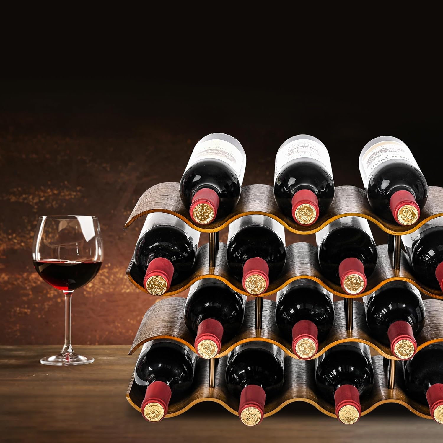 TRUDING 14 Bottle Tabletop Wine Rack with 4 Tier Walnut Wavy Design