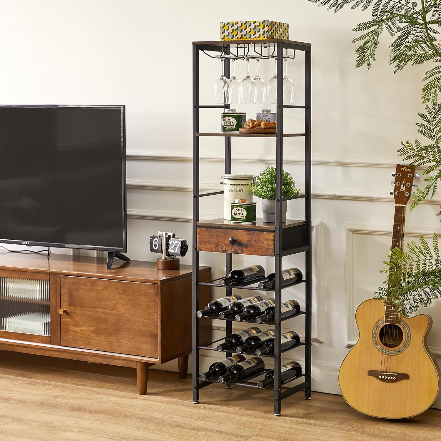 IBUYKE 4-Tier Freestanding Wine Rack with Storage Drawer