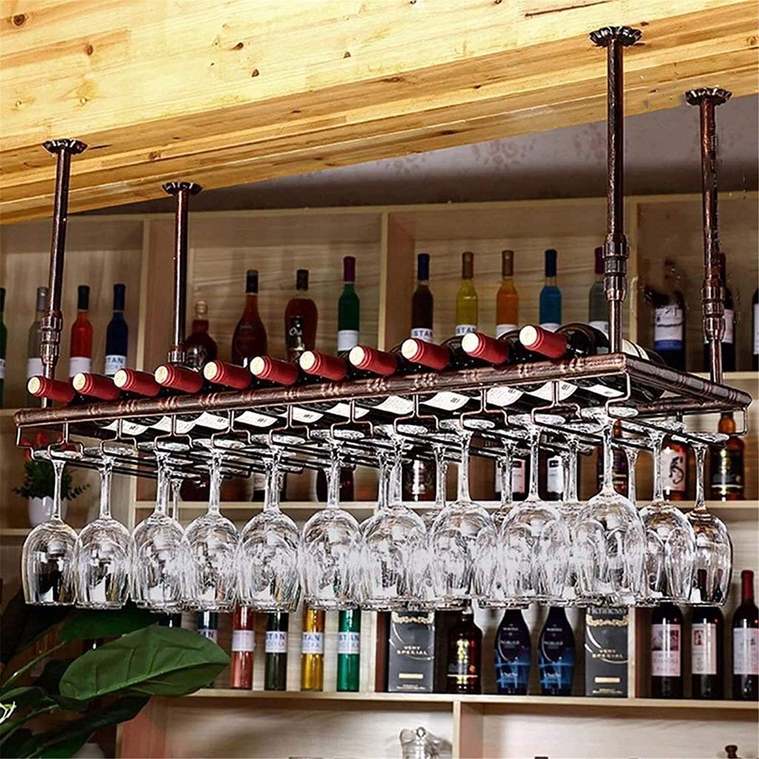 Ceiling Wine Rack with Glass Holder Shelf 120x35cm
