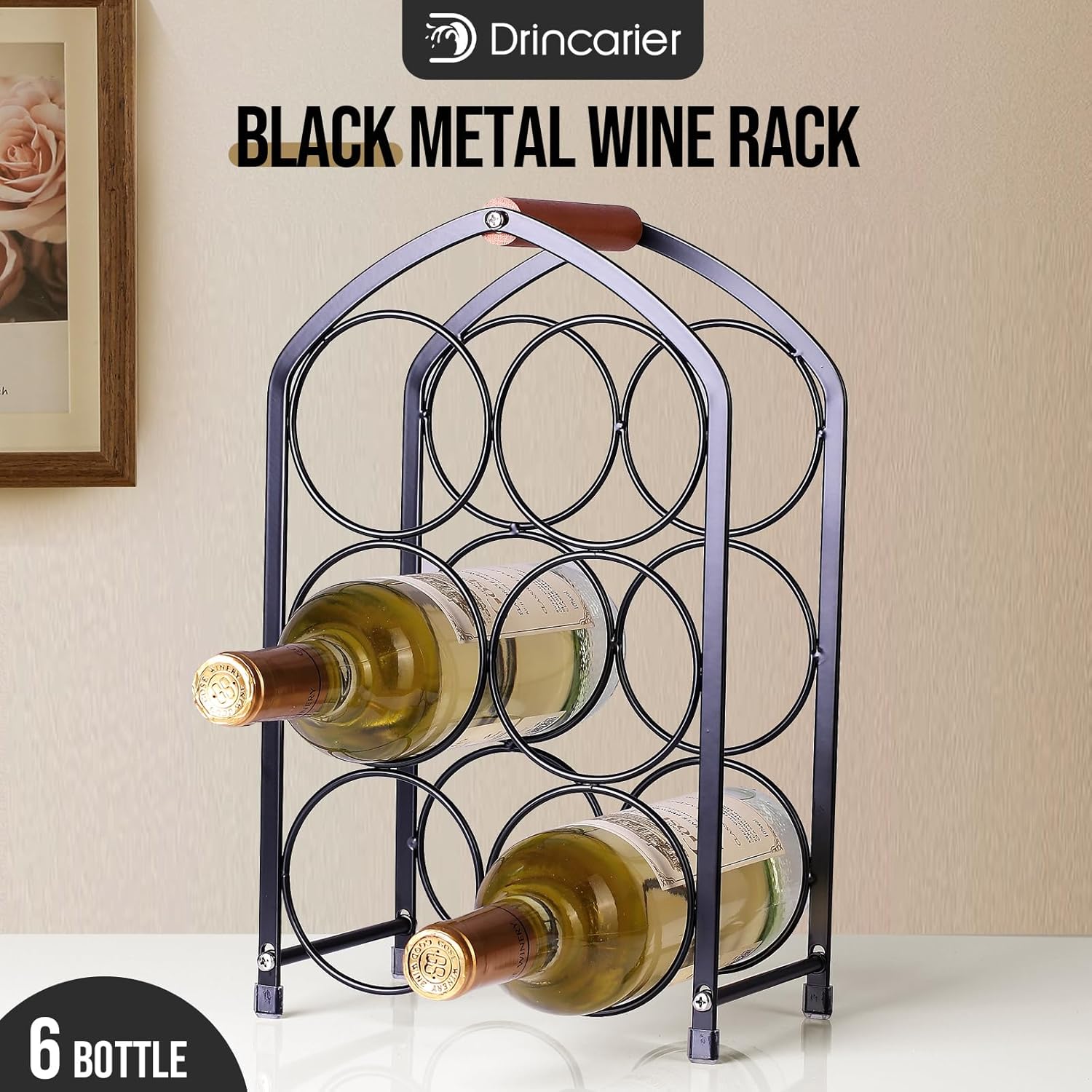 Drincarier 6 Bottle Countertop Wine Rack - Modern Black Metal 3 Tier Stand 1