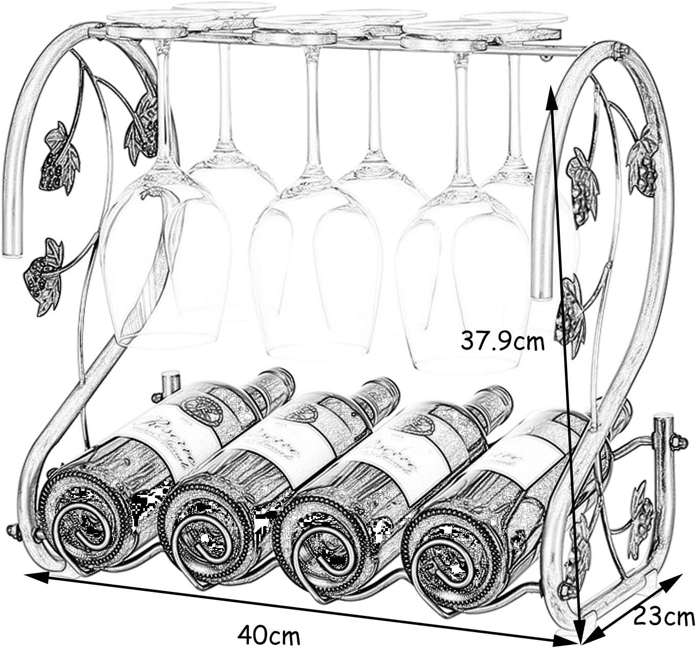 BOCbco Wrought Iron Wine Rack with 4 Bottles and 6 Stemware Holders