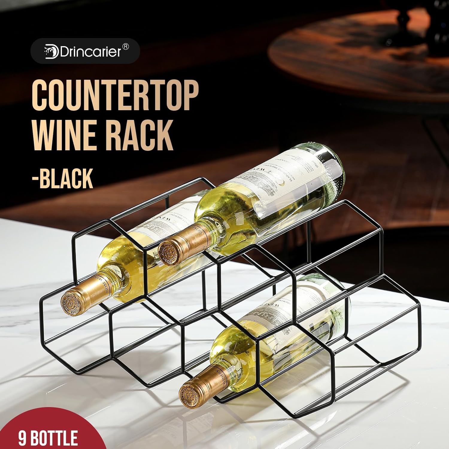 Drincarier 9 Bottle Countertop Wine Rack - Modern Black Metal 2 Tier