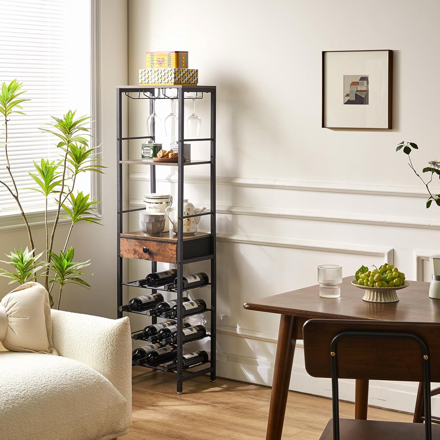 IBUYKE 4-Tier Freestanding Wine Rack with Storage Drawer