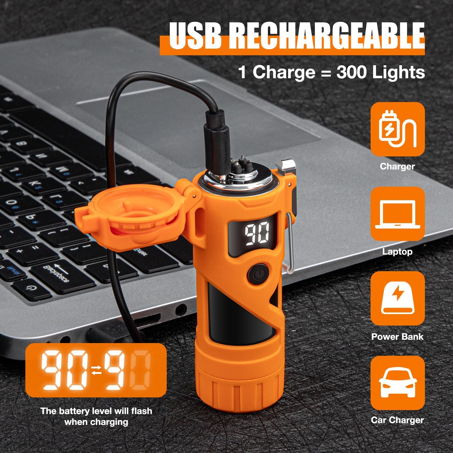 LcFun Rechargeable Waterproof Dual Arc Plasma Lighter with Flashlight and Battery Display