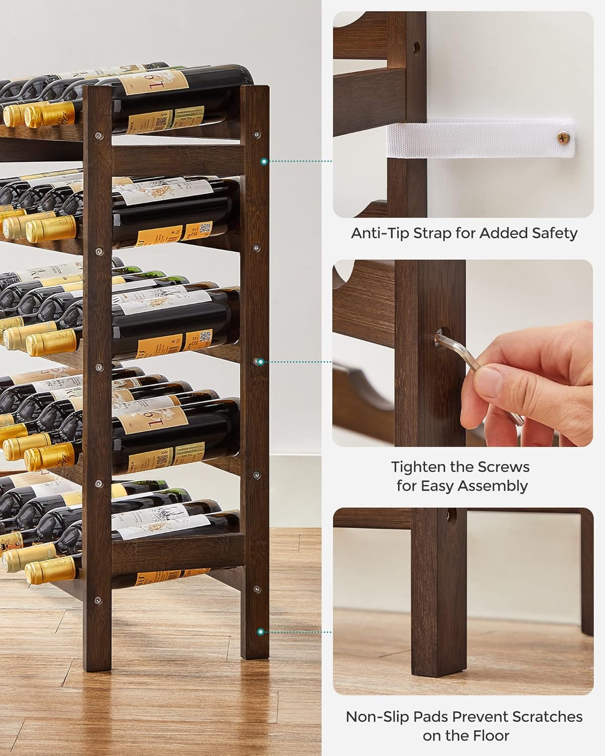 SONGMICS 30-Bottle Bamboo Wine Rack 5-Tier Freestanding Display Stand