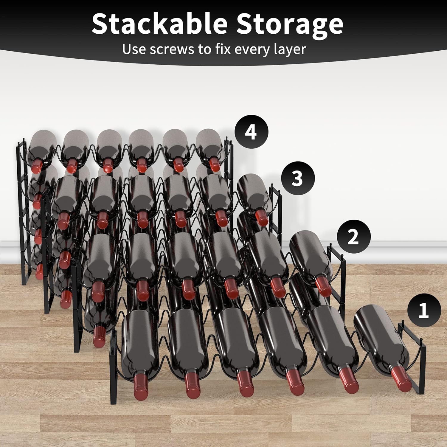 TONLEA 4-Tier Wine Rack - 3-in-1 Stackable Storage