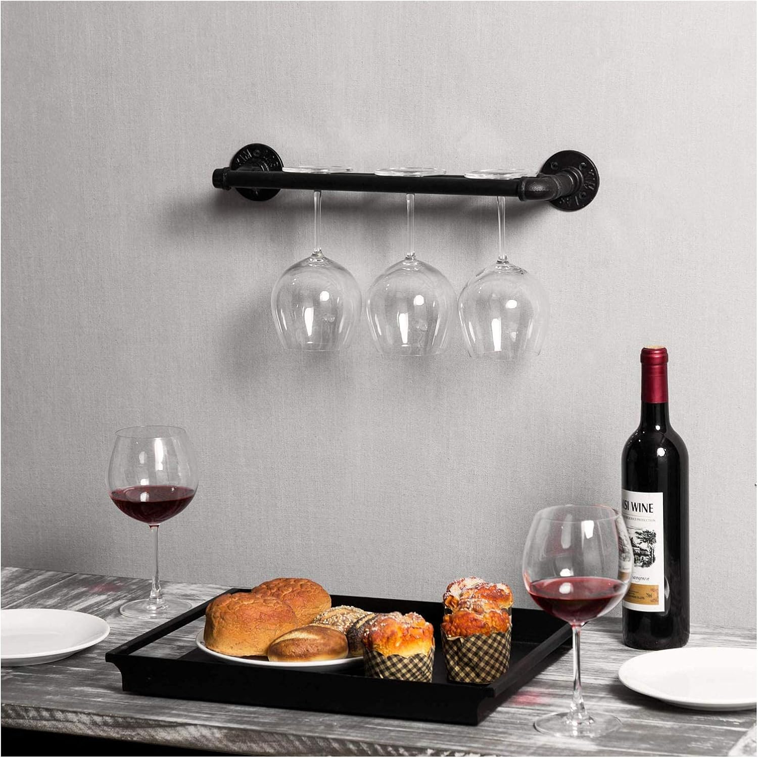 BOCbco Wall Mounted Wine Rack for 3 Glasses Rustic Metal