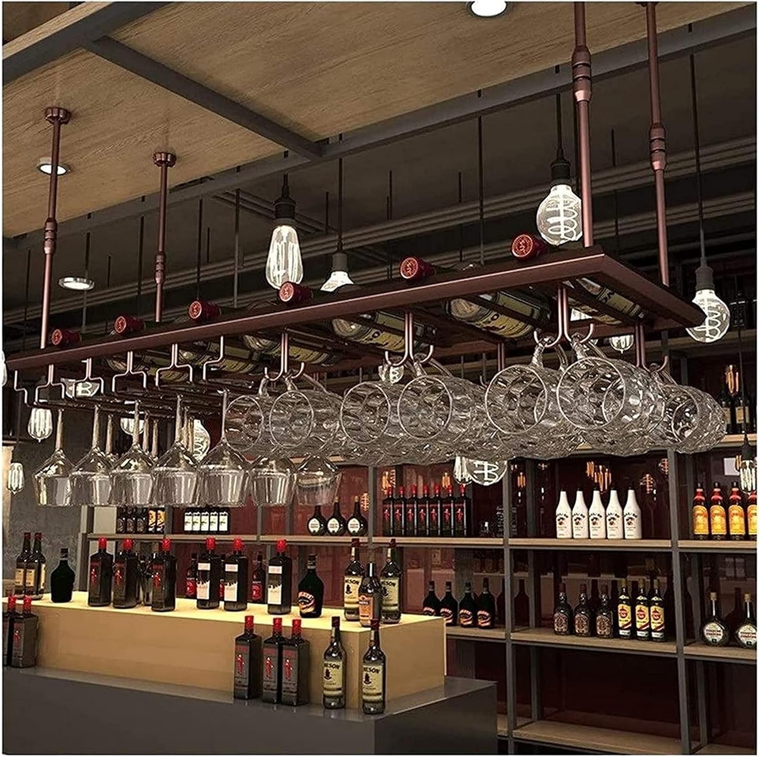 Sturdy Metal Ceiling Wine Rack with Glass Holder