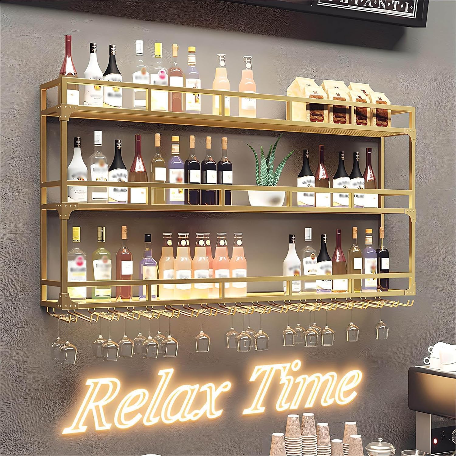 Wall Mounted Wine Rack 3 Tiers Gold Metal