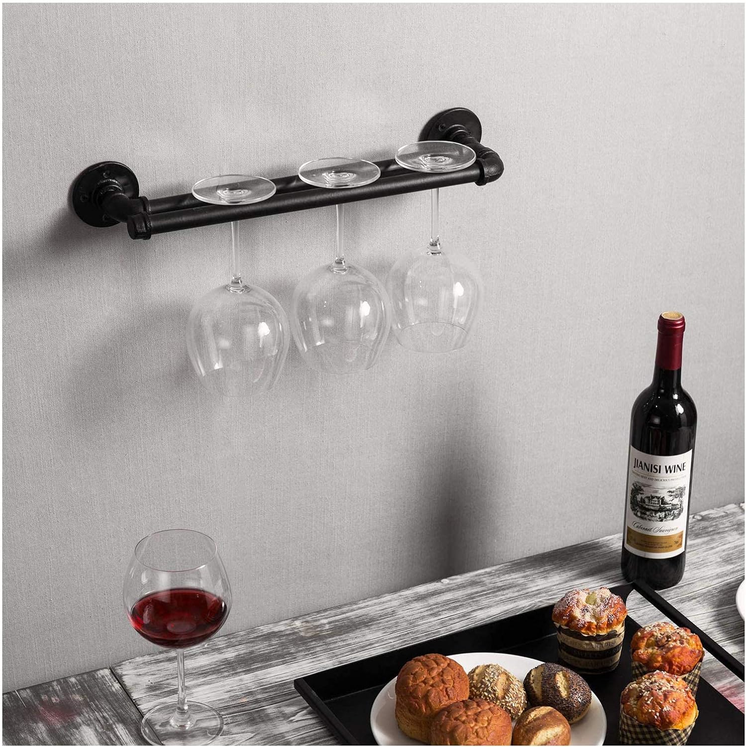 BOCbco Wall Mounted Wine Rack for 3 Glasses Rustic Metal