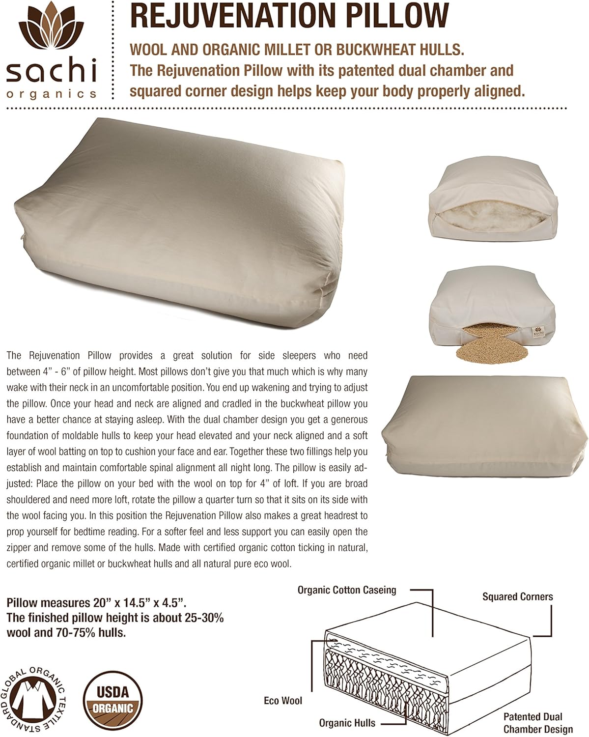 Sachi Organics Rejuvenation Pillow with Organic Buckwheat and Wool