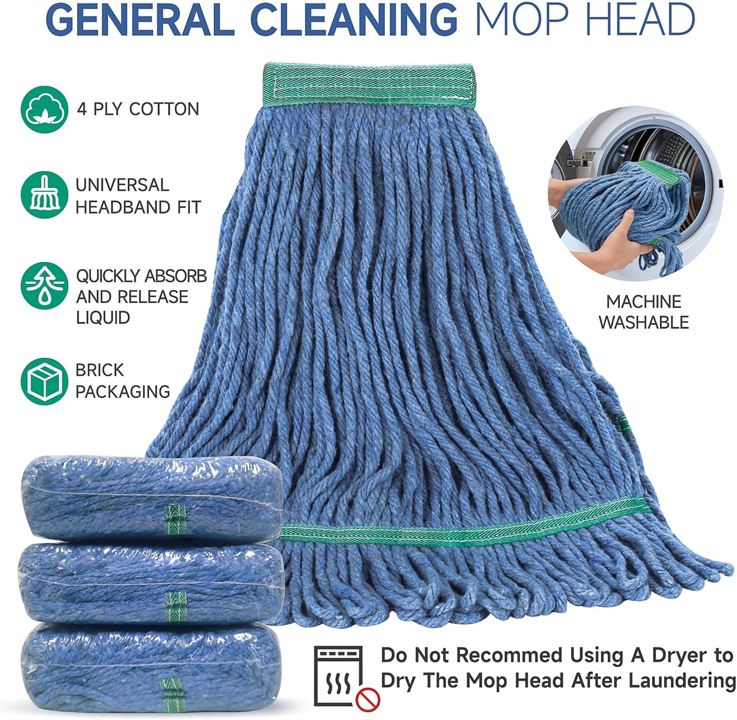 ONESIMUS 24oz Blue Cotton Looped Mop Head Replacements Pack of 6