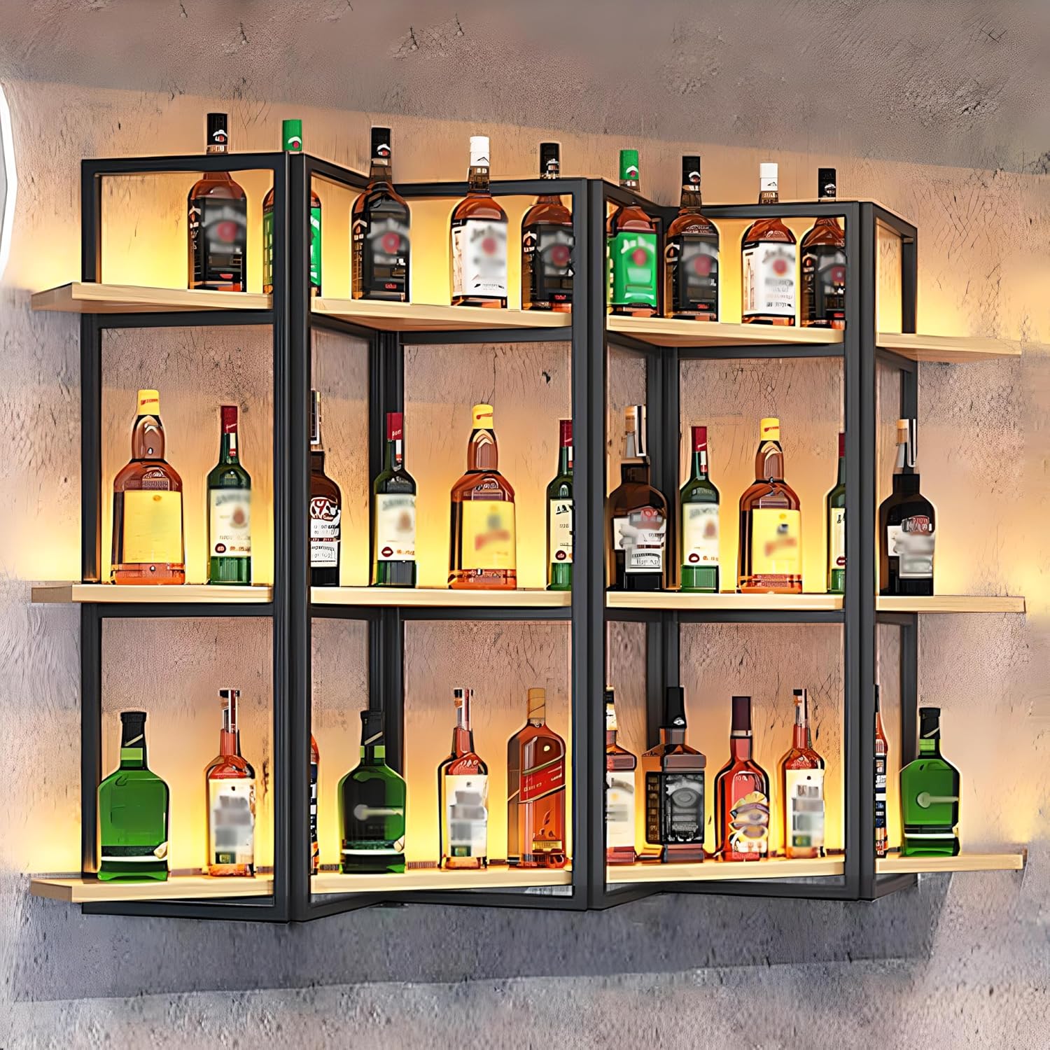 RAJYQODIS Wall-Mounted Wine Rack 3-Tiers Metal Wood Storage Shelf Black