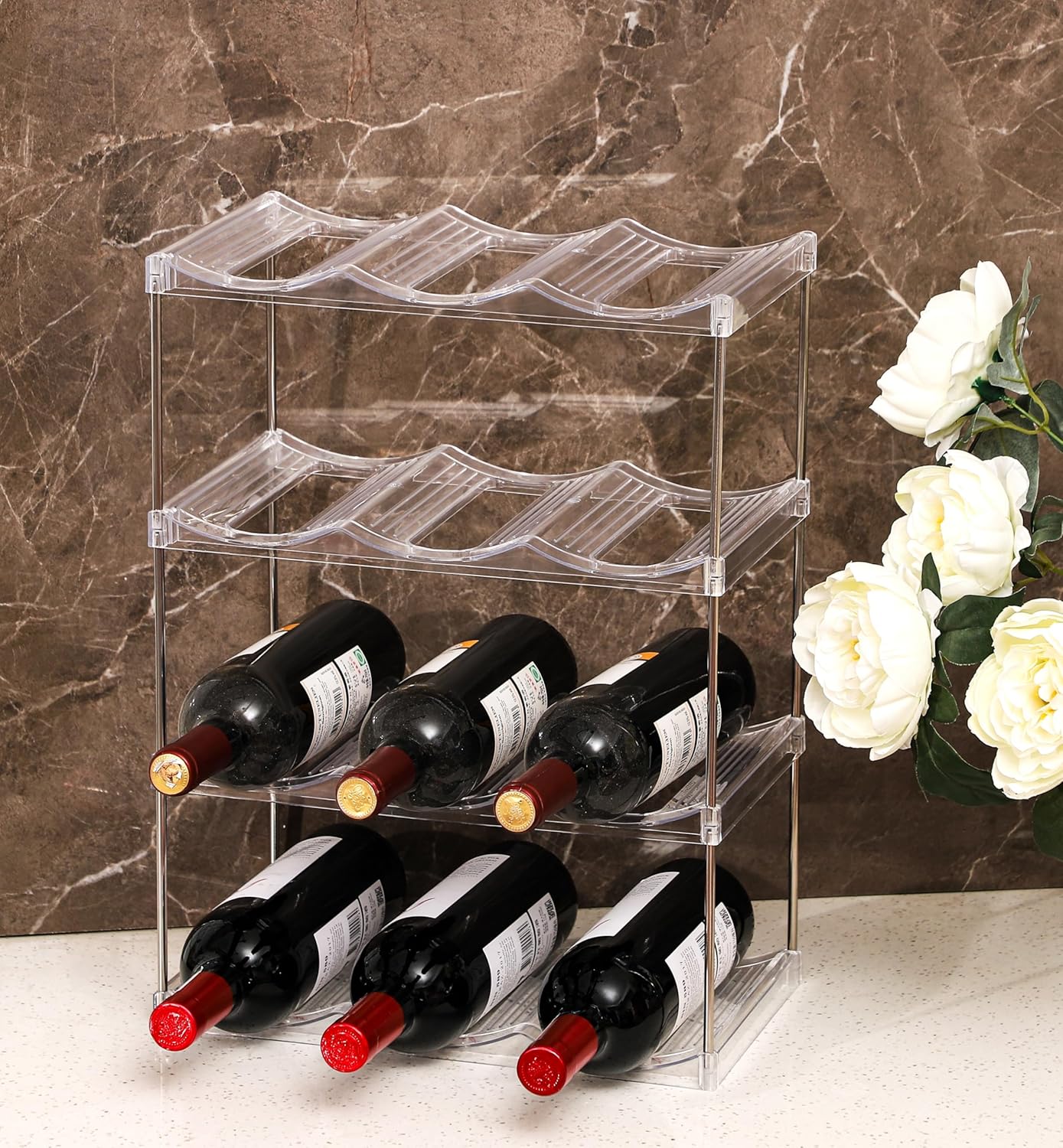 IEEK Plastic Stackable Bottle Storage Rack with 2 Tiers and 3 Bottles
