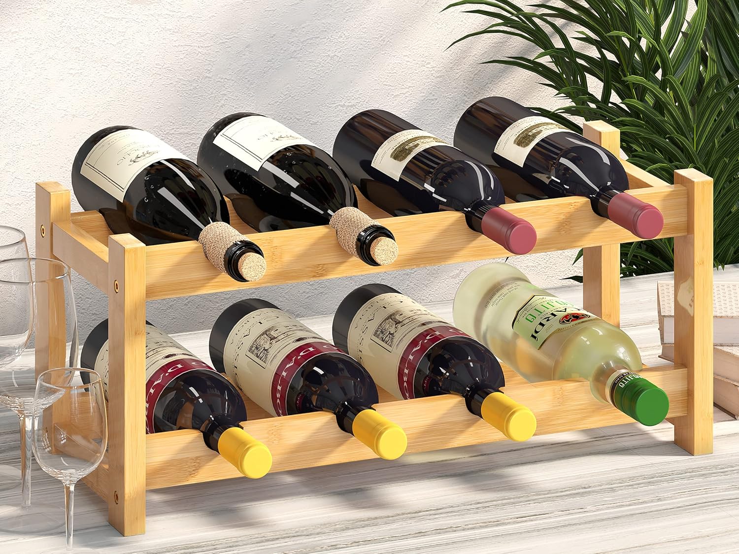 BAMEOS 8-Bottle Freestanding Bamboo Wine Rack