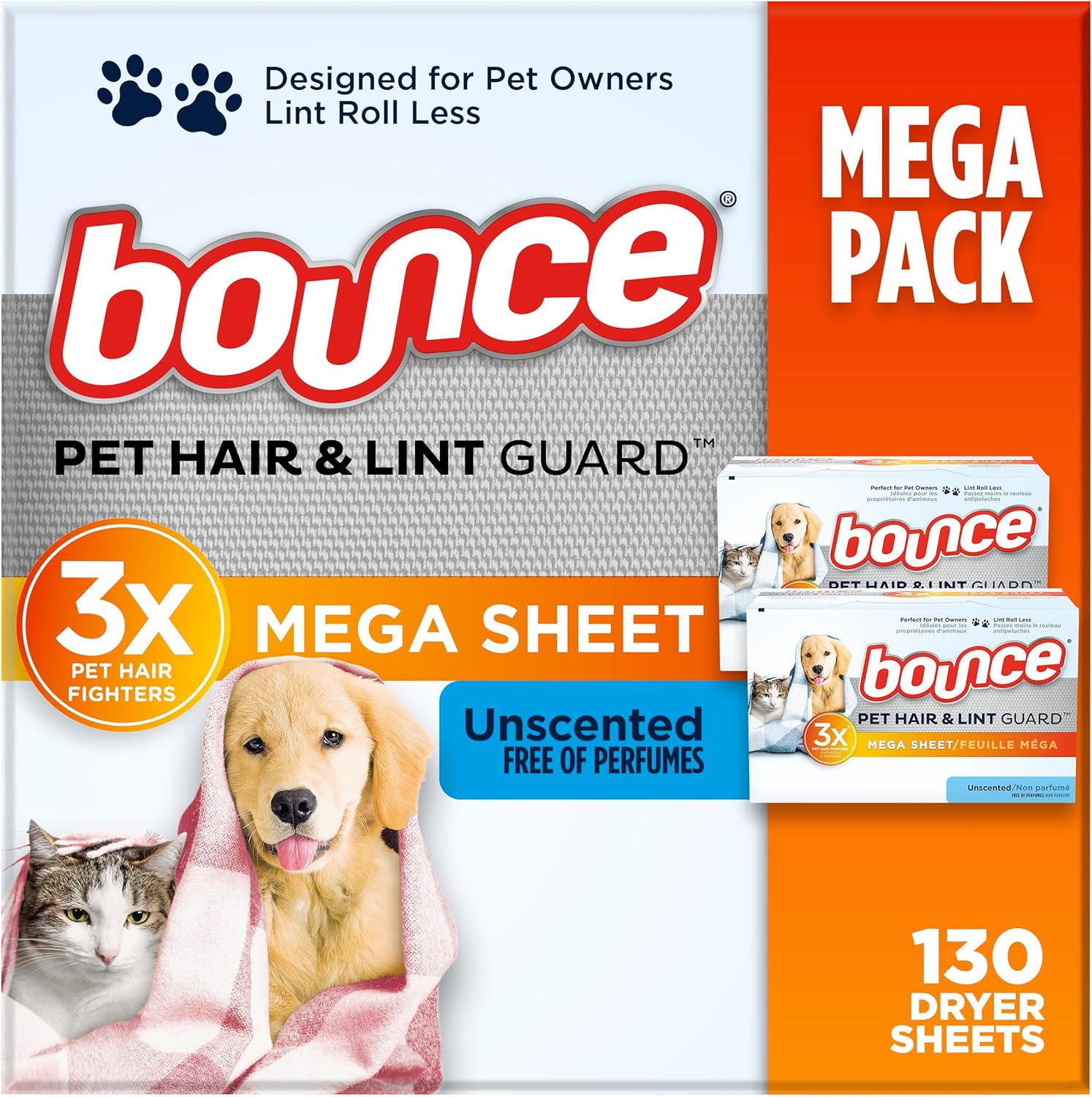 Bounce Pet Hair and Lint Guard Mega Dryer Sheets 130 Count