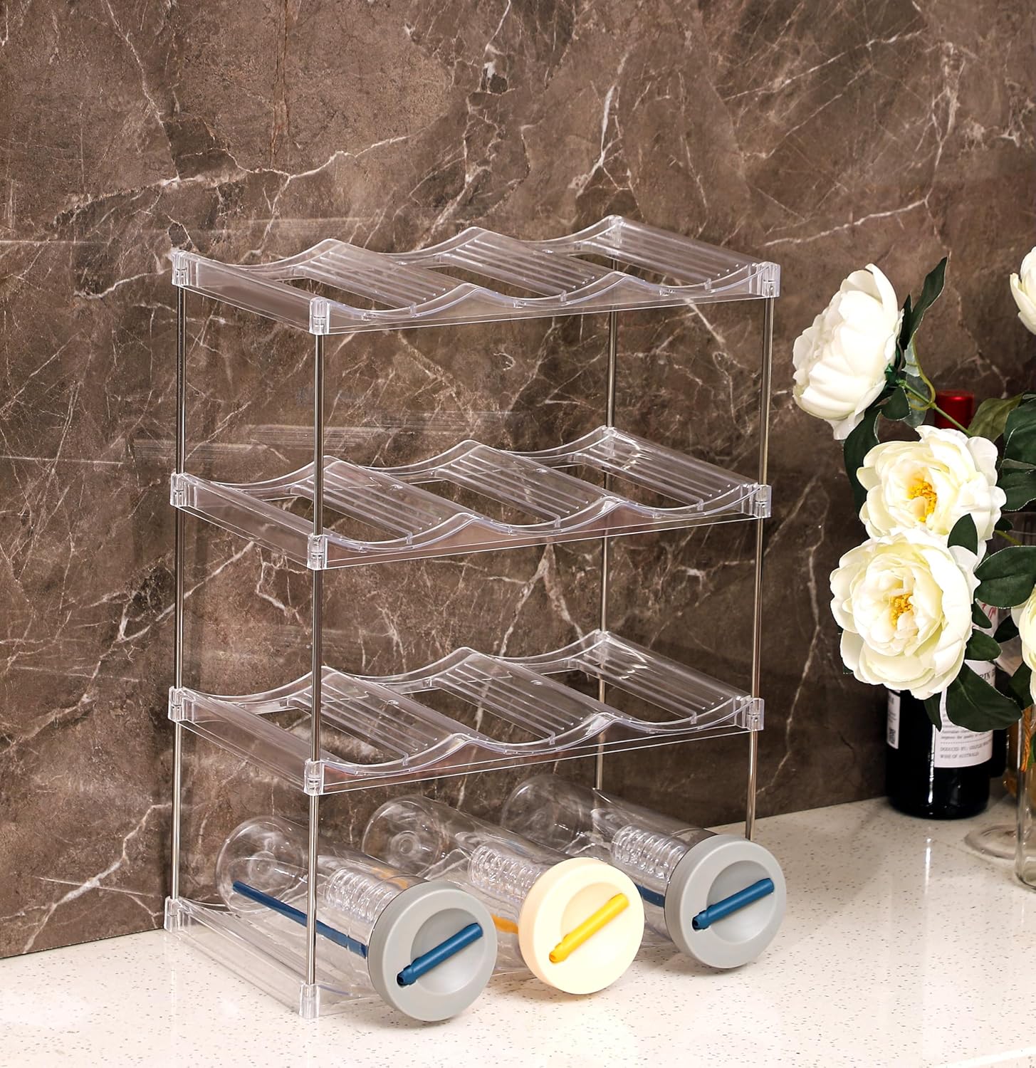IEEK Plastic Stackable Bottle Storage Rack with 2 Tiers and 3 Bottles